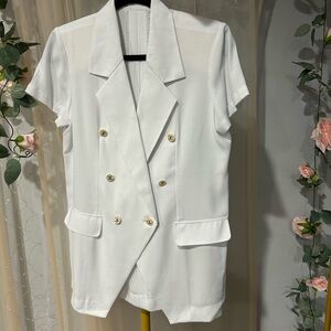 2pc set Chic White Blazer Vest with Gold Buttons and skirt